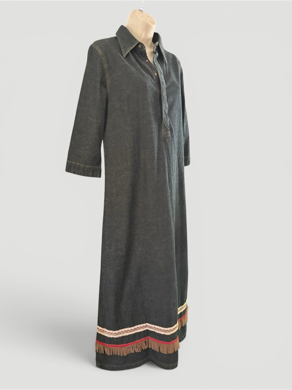 Vintage 1970s Rocky Girls Casual Wear Hennes H&M Denim Western Fringe Hem Dress - Picture 4 of 10